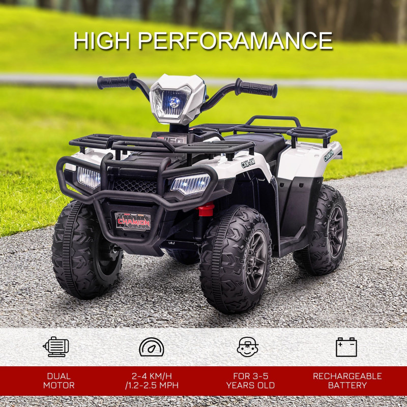 12V Kids ATV Quad, 4-Wheeler Battery-Powered Electric Ride-On with MP3 Music, Working Headlights, High/Low Speed Settings, Treaded Tires, for Boys and Girls Ages 37–60 Months, White