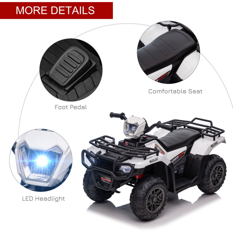 12V Kids ATV Quad, 4-Wheeler Battery-Powered Electric Ride-On with MP3 Music, Working Headlights, High/Low Speed Settings, Treaded Tires, for Boys and Girls Ages 37–60 Months, White