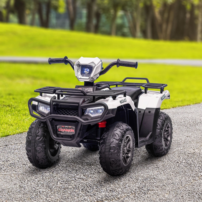 12V Kids ATV Quad, 4-Wheeler Battery-Powered Electric Ride-On with MP3 Music, Working Headlights, High/Low Speed Settings, Treaded Tires, for Boys and Girls Ages 37–60 Months, White