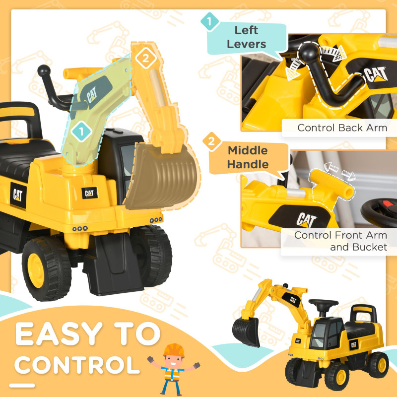 Kids Excavator Ride-On Toy CAT Licensed with Manual Shovel, Horn, Hidden Storage for 18–36 Months, Yellow