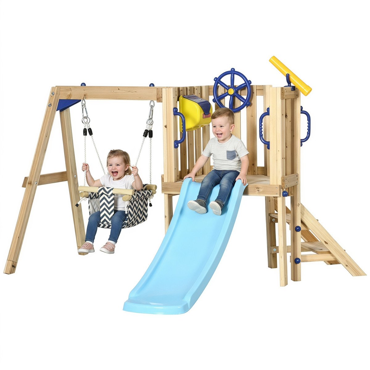 Wooden Kids Swing Set with Slide, Swing Seat, Captain's Wheel, Telescope, for Ages 18-48 Months, Natural