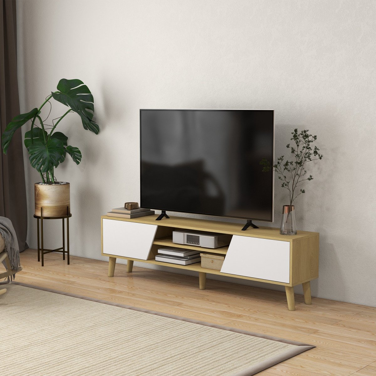 TV Stand for 65 Inch Television, Entertainment Center with Soft Closing Door and Rubberwood Legs, Oak and White