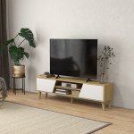 TV Stand for 65 Inch Television, Entertainment Center with Soft Closing Door and Rubberwood Legs, Oak and White