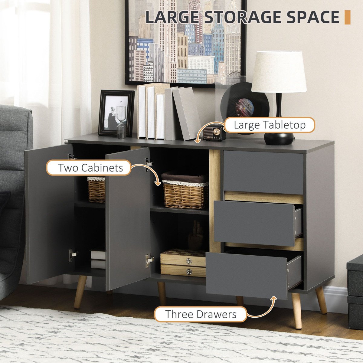 Sideboard Buffet Cabinet with Adjustable Shelves - Dark Grey