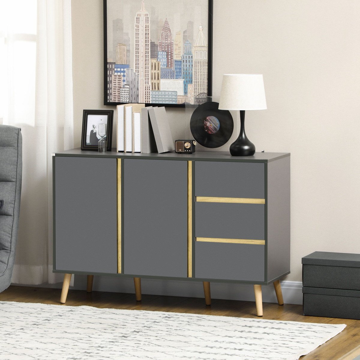 Sideboard Buffet Cabinet with Adjustable Shelves - Dark Grey
