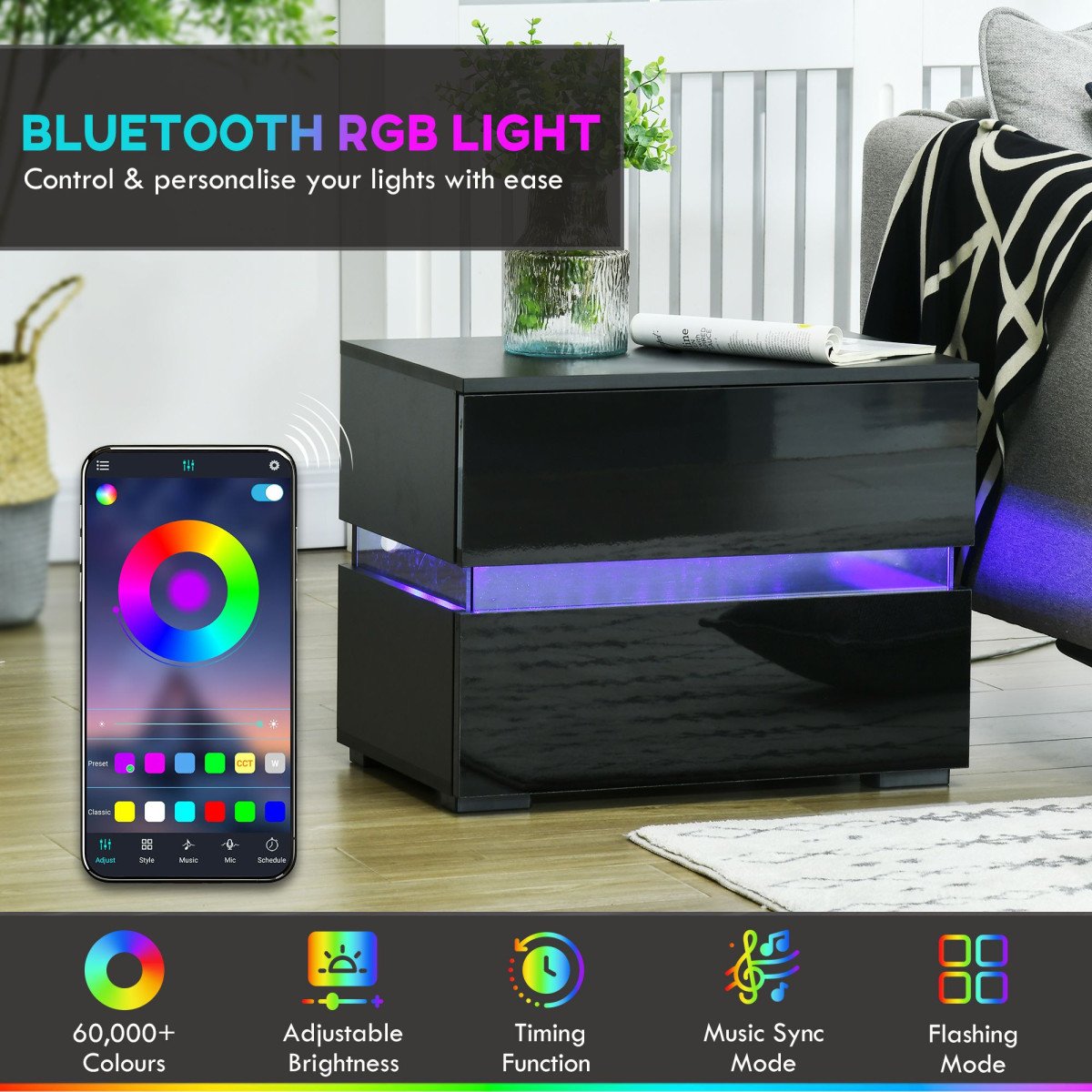 Modern Nightstand, Bedside Table with 2 Drawers, USB Powered RGB LED Lights for Bedroom, Black