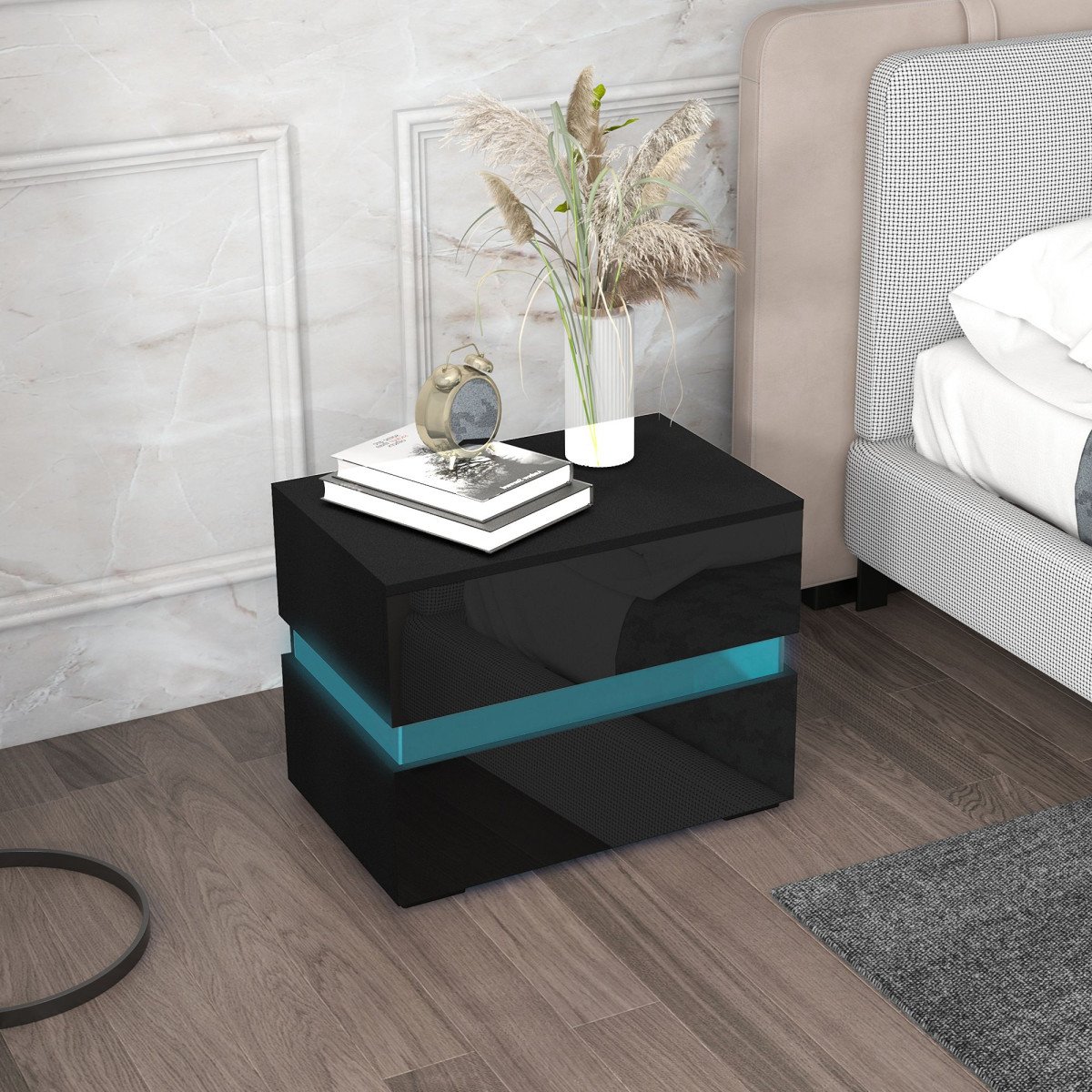 Modern Nightstand, Bedside Table with 2 Drawers, USB Powered RGB LED Lights for Bedroom, Black