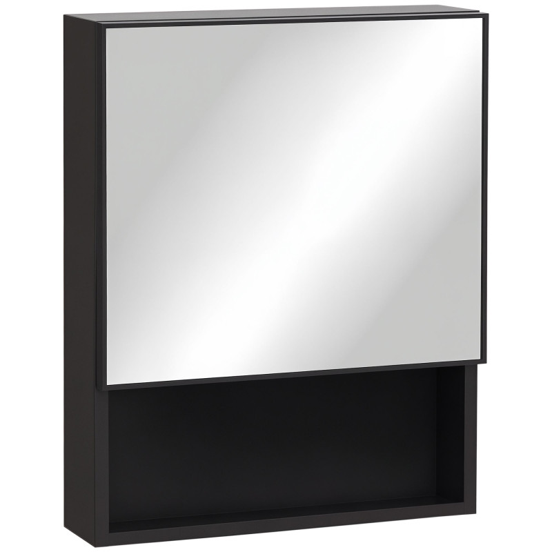 Bathroom Medicine Cabinet, Wall-Mounted Mirror Cabinet with Single Door, Storage Shelves and Stainless Steel Frame for Laundry Room, Black