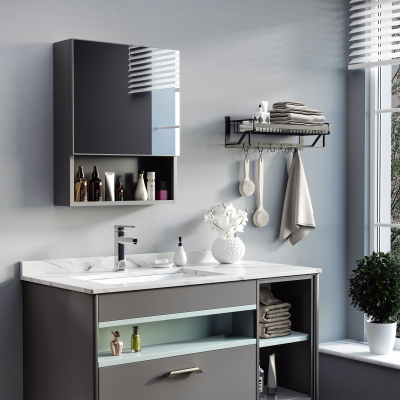 Bathroom Medicine Cabinet, Wall-Mounted Mirror Cabinet with Single Door, Storage Shelves and Stainless Steel Frame for Laundry Room, Black