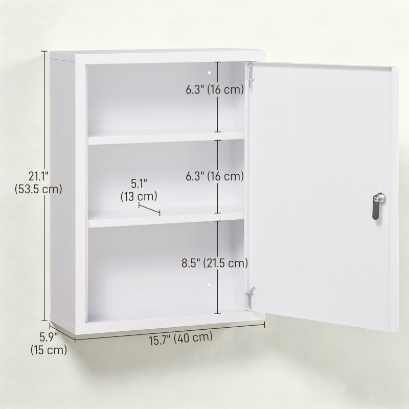 Lockable Medicine Cabinet, 3 Tier Steel Medical Wall Box with 2 Keys and Shelves for Bathroom, White