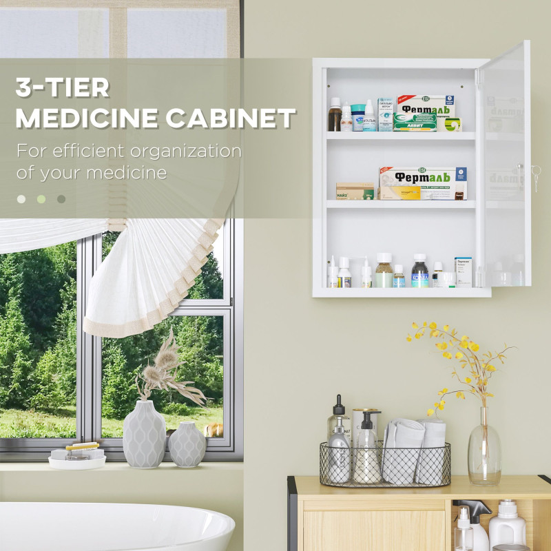 Lockable Medicine Cabinet, 3 Tier Steel Medical Wall Box with 2 Keys and Shelves for Bathroom, White
