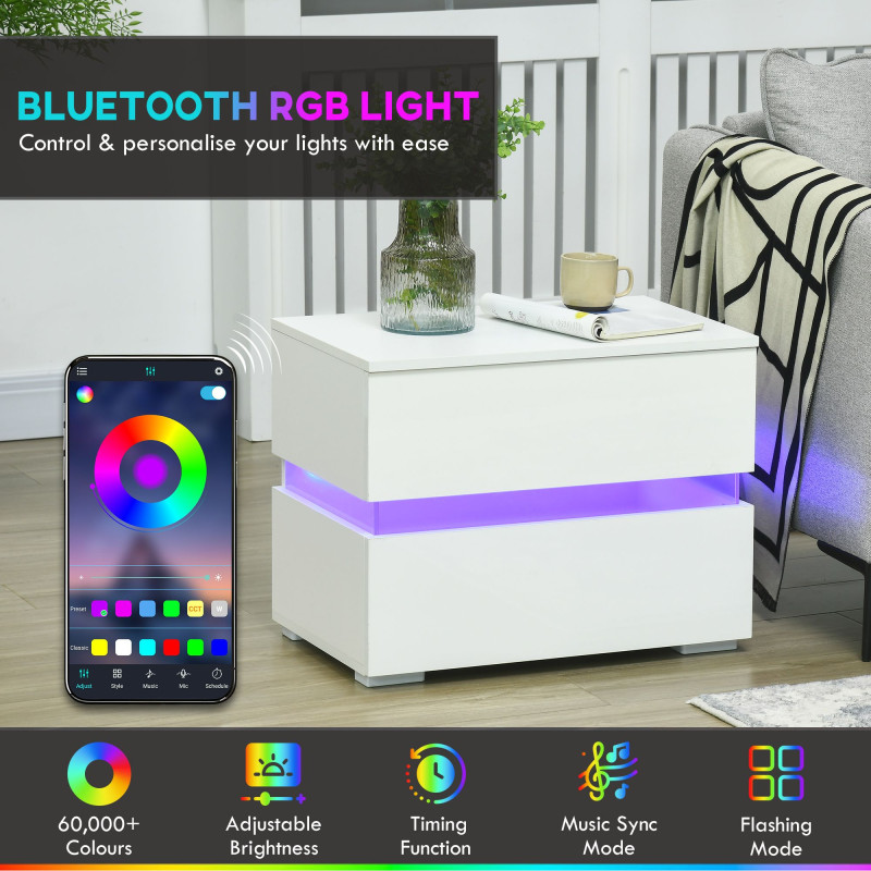 Modern Nightstand, Bedside Table with 2 Drawers, USB Powered RGB LED Lights for Bedroom, White