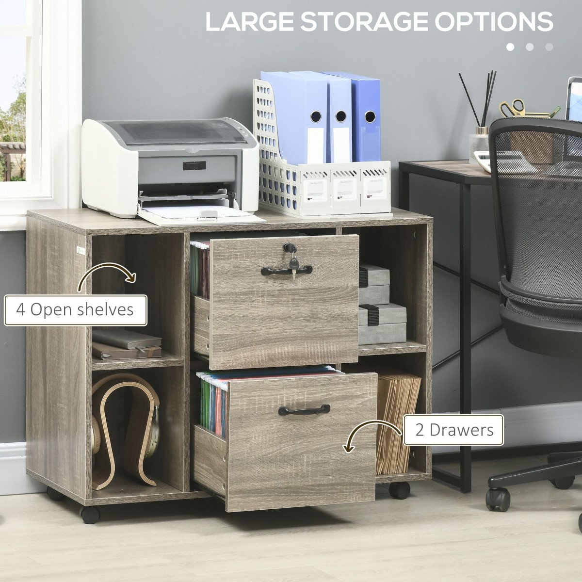 Lateral Filing Cabinet with Wheels and Lockable Drawer, File Cabinet, Mobile Printer Stand with Open Shelves for Letter and A4 Size Documents for Home Office, Grey