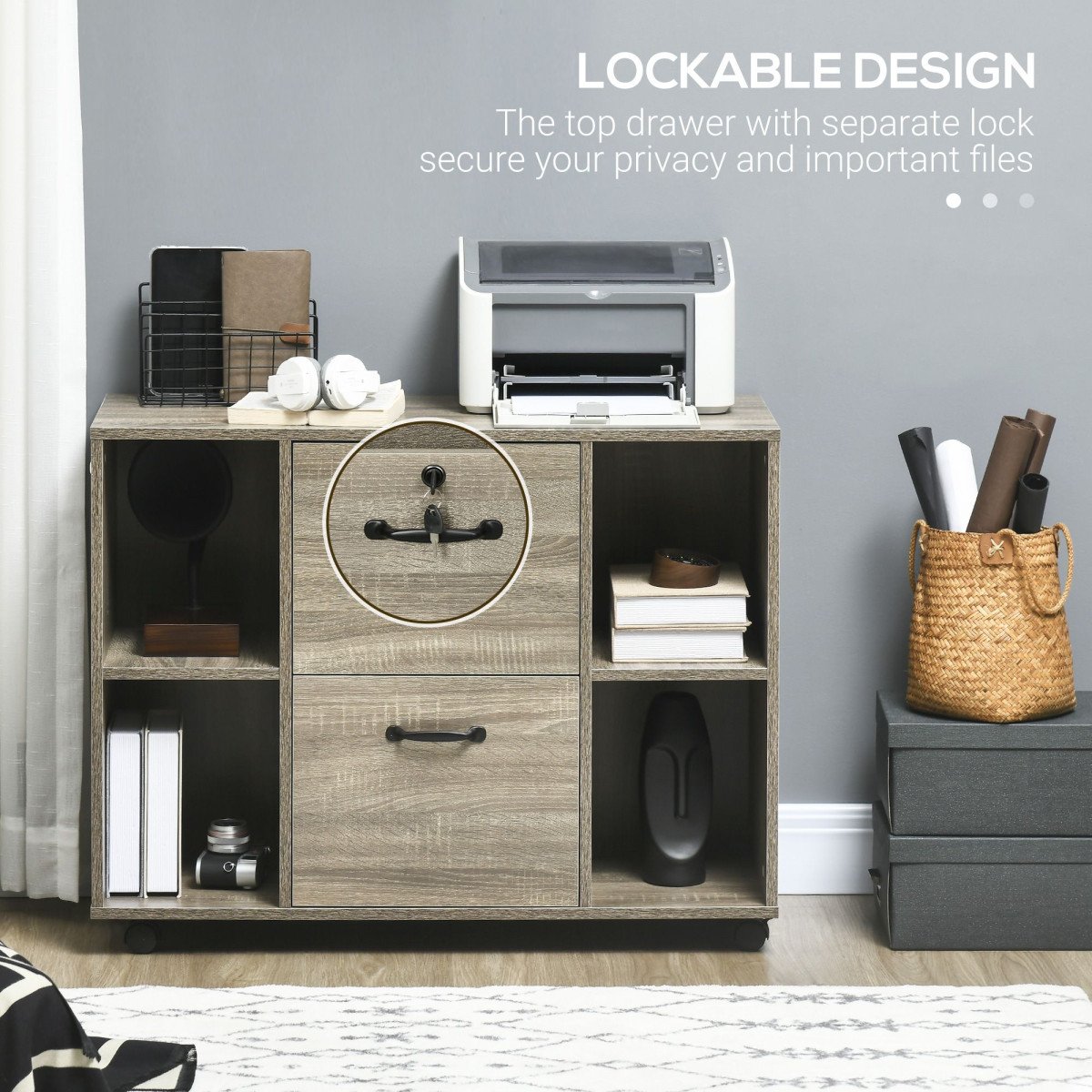 Lateral Filing Cabinet with Wheels and Lockable Drawer, File Cabinet, Mobile Printer Stand with Open Shelves for Letter and A4 Size Documents for Home Office, Grey