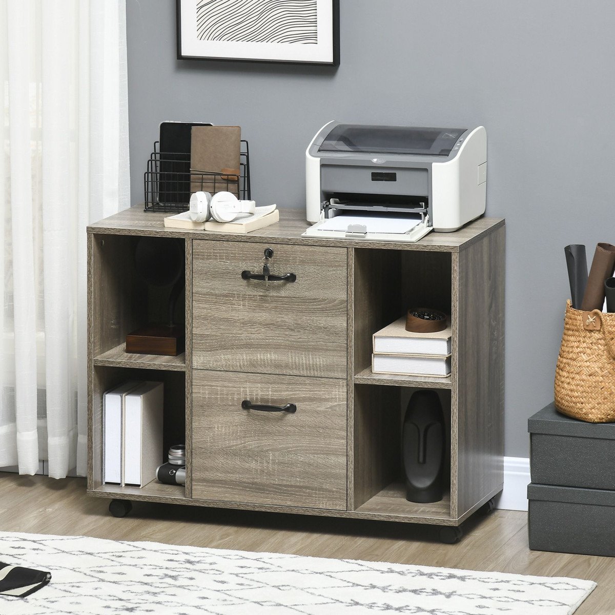 Lateral Filing Cabinet with Wheels and Lockable Drawer, File Cabinet, Mobile Printer Stand with Open Shelves for Letter and A4 Size Documents for Home Office, Grey