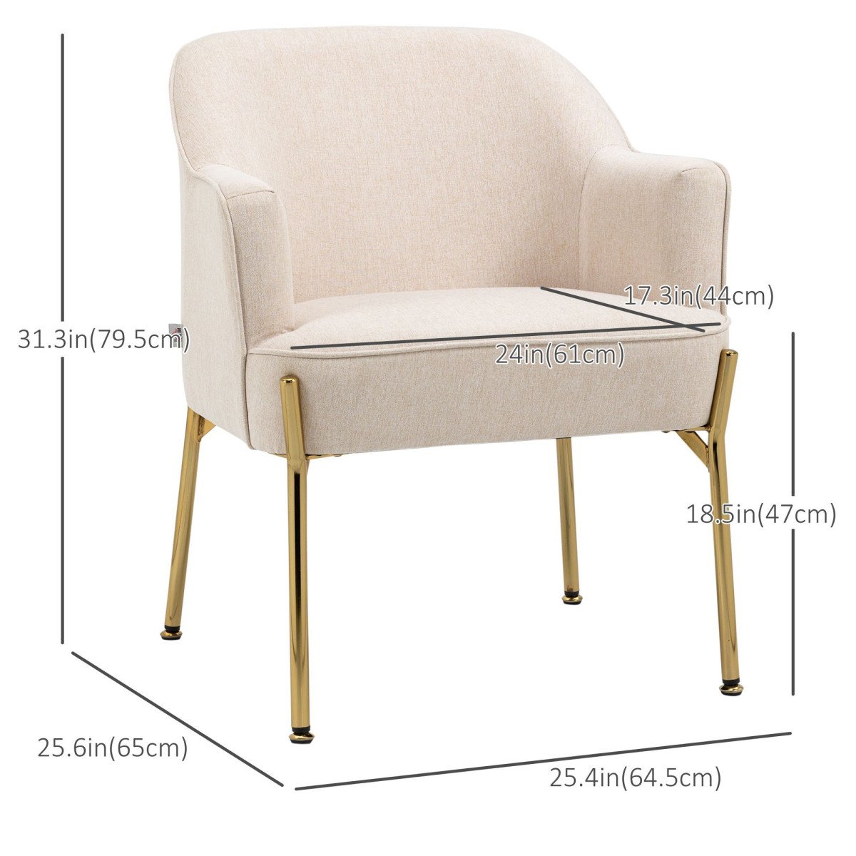 Fabric Armchair, Modern Accent Chair with Metal Legs for Living Room, Bedroom, Home Office, Cream White