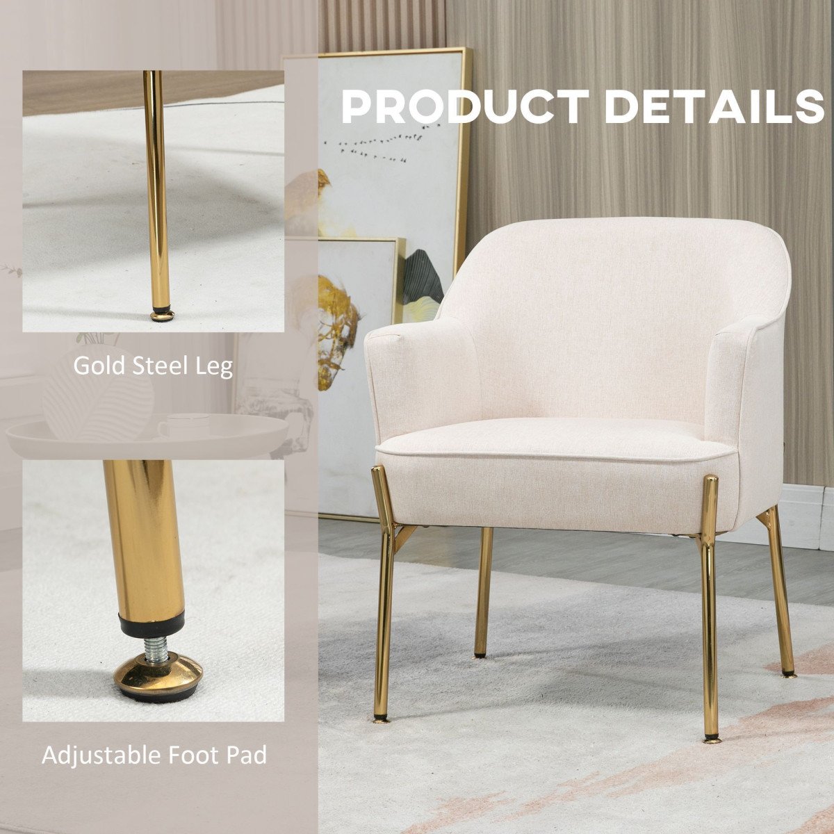 Fabric Armchair, Modern Accent Chair with Metal Legs for Living Room, Bedroom, Home Office, Cream White
