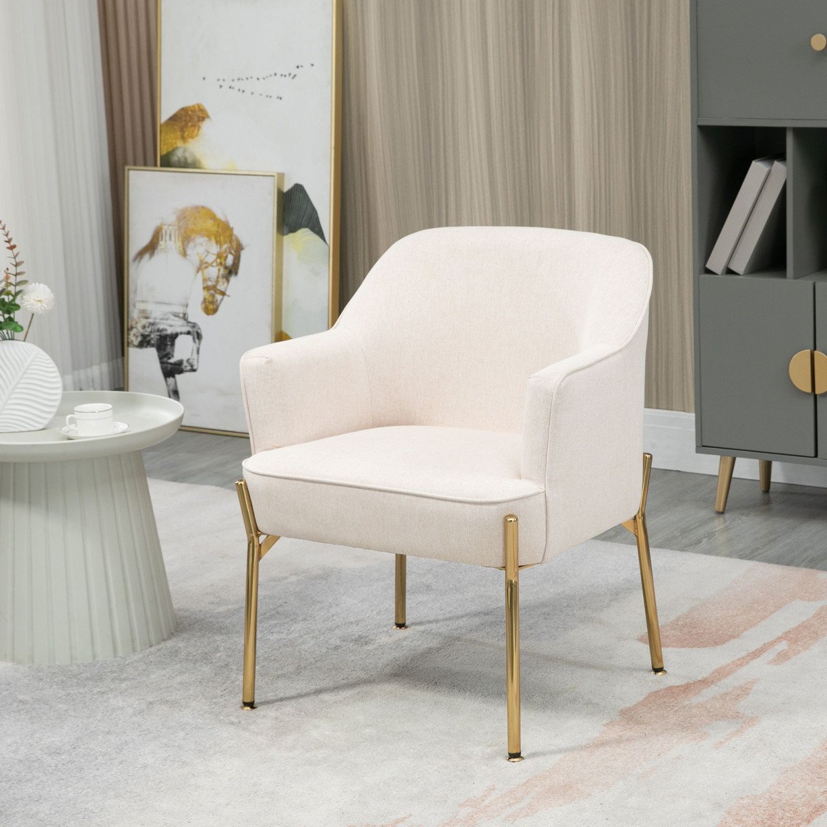 Fabric Armchair, Modern Accent Chair with Metal Legs for Living Room, Bedroom, Home Office, Cream White