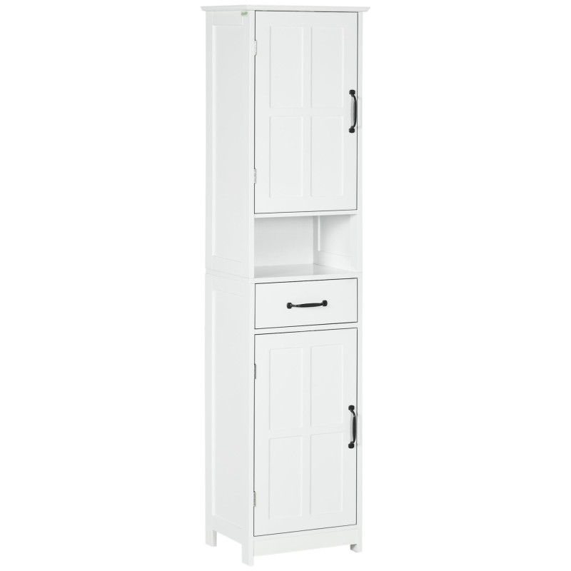 Modern Bathroom Cabinet, Narrow Bathroom Vanities with Open Shelf Drawer Recessed Doors and Adjustable Shelves White