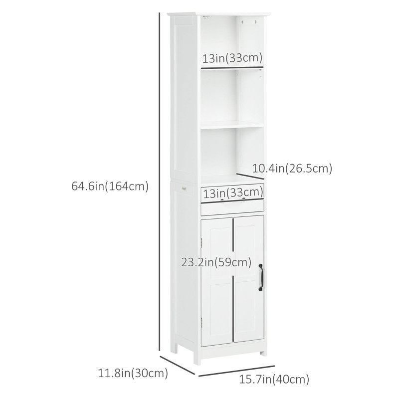 Modern Bathroom Cabinet, Narrow Bathroom Vanities with 3 Open Shelves, Drawer and Adjustable Shelf, White