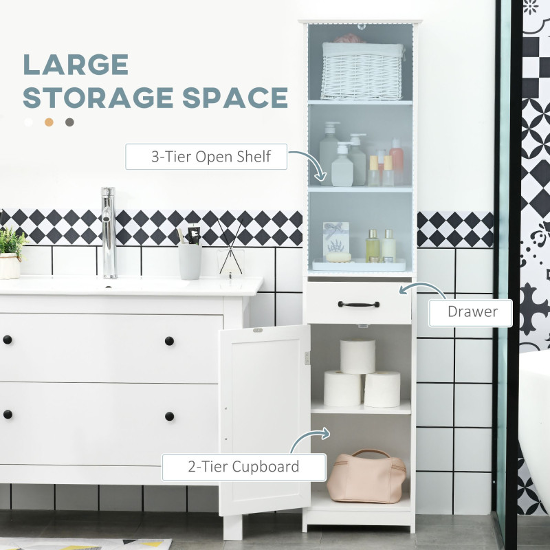Modern Bathroom Cabinet, Narrow Bathroom Vanities with 3 Open Shelves, Drawer and Adjustable Shelf, White