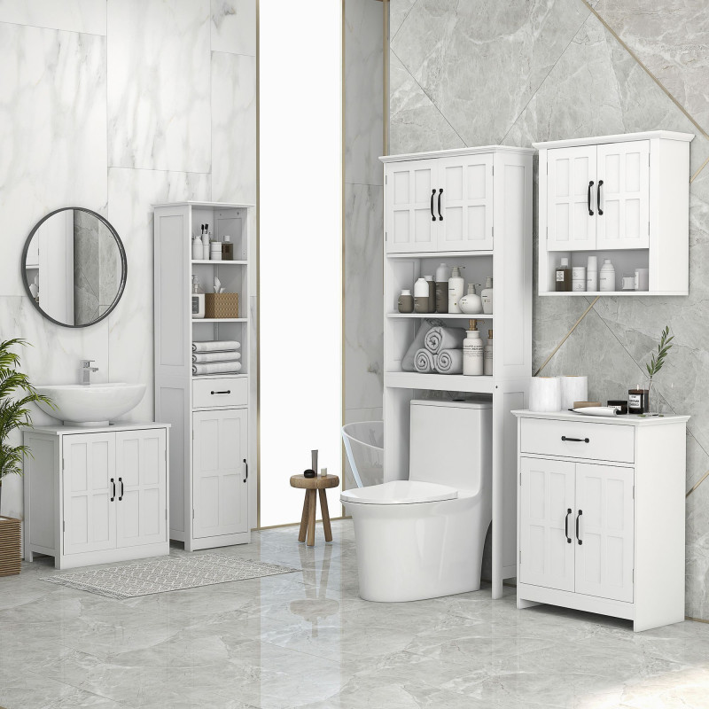 Modern Bathroom Cabinet, Narrow Bathroom Vanities with 3 Open Shelves, Drawer and Adjustable Shelf, White
