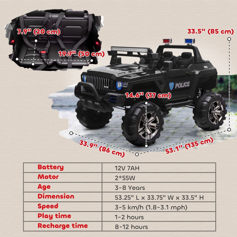 2 Seater Ride-On Car with Parental Remote Control, LED Lights, and MP3 for Kids Ages 3–8, Black