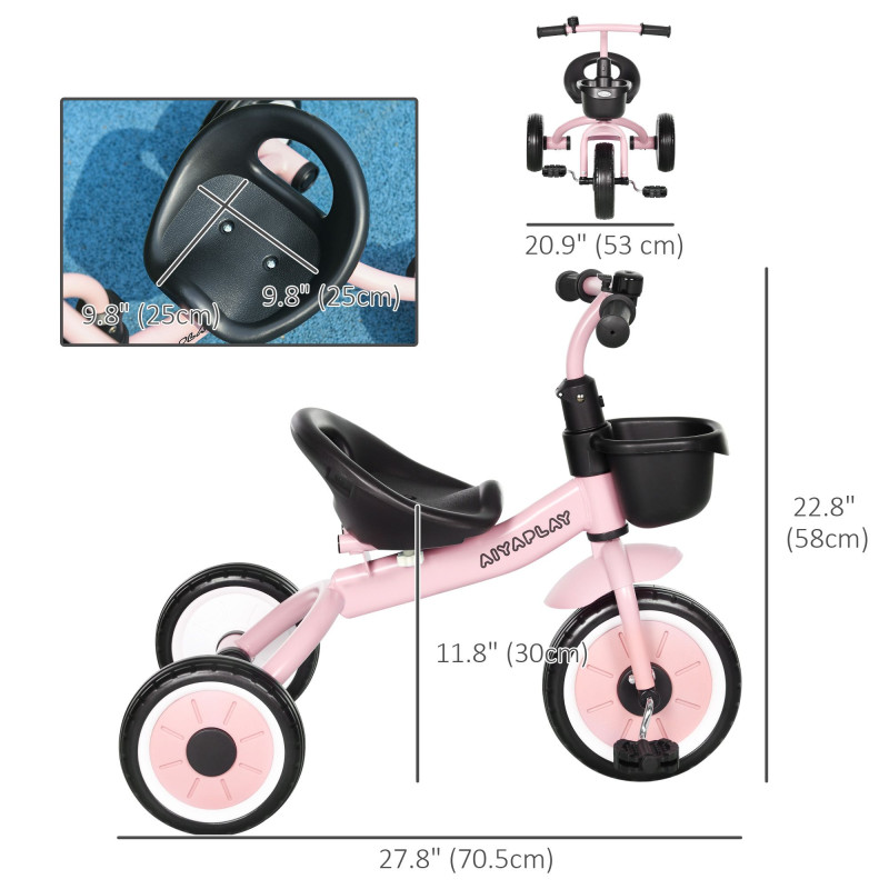 Qaba Tricycle for Toddler 2-5 Year Old Girls and Boys, Toddler Bike with Adjustable Seat, Basket, Bell, Pink