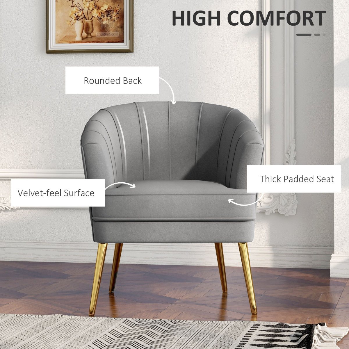Fabric Armchair, Modern Accent Chair with Gold Metal Legs for Living Room, Bedroom, Home Office, Grey