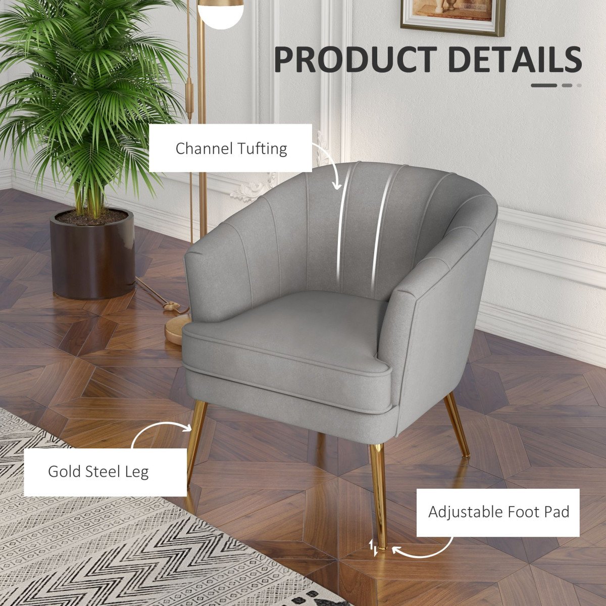Fabric Armchair, Modern Accent Chair with Gold Metal Legs for Living Room, Bedroom, Home Office, Grey