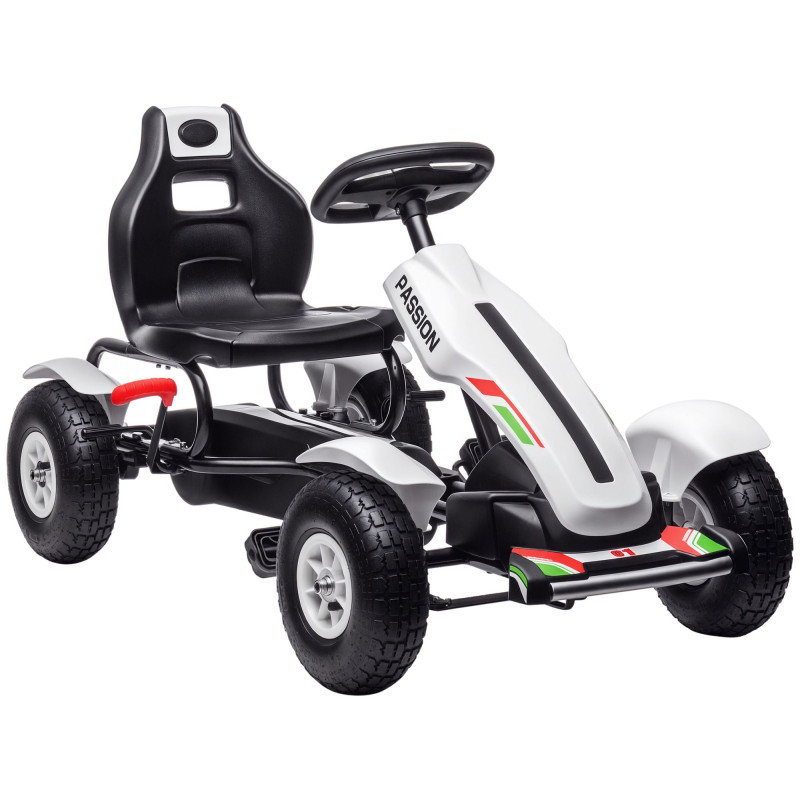 Pedal Go Kart for Kids, Pedal Car with Adjustable Bucket Seat, Handbrake, 4 Rubber Wheels, Powered Ride-On, White