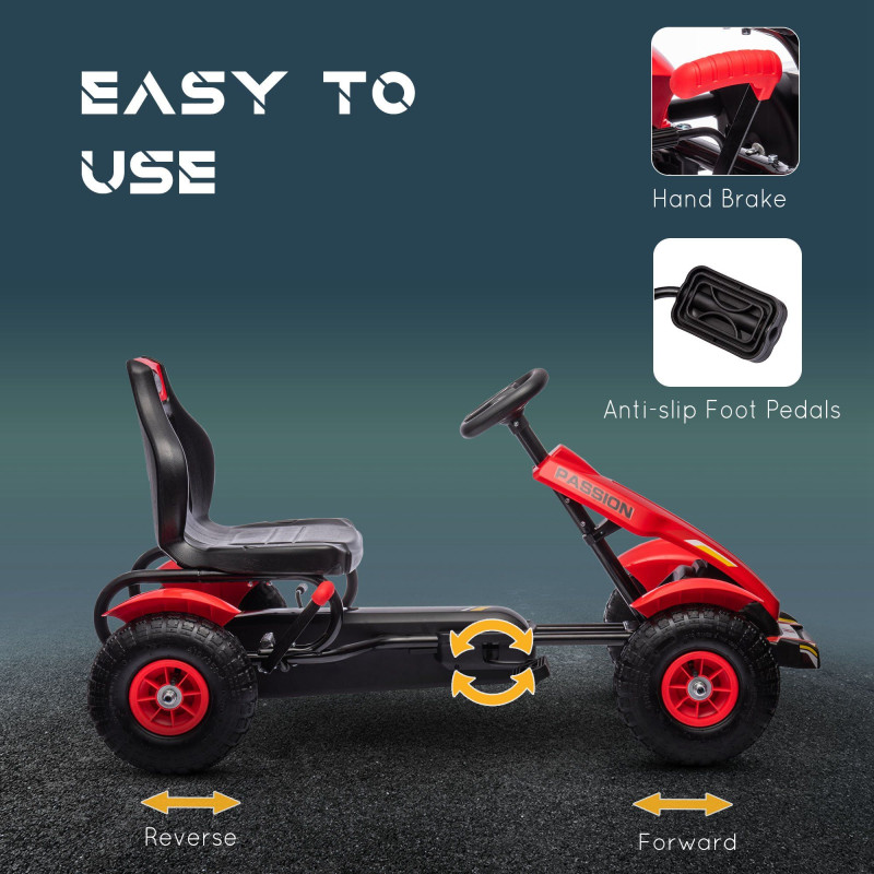 Pedal Go Kart for Kids, Pedal Car with Adjustable Bucket Seat, Handbrake, 4 Rubber Wheels, Powered Ride-On, Red