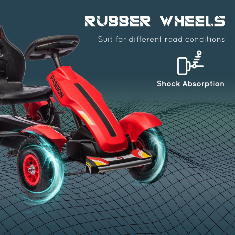 Pedal Go Kart for Kids, Pedal Car with Adjustable Bucket Seat, Handbrake, 4 Rubber Wheels, Powered Ride-On, Red