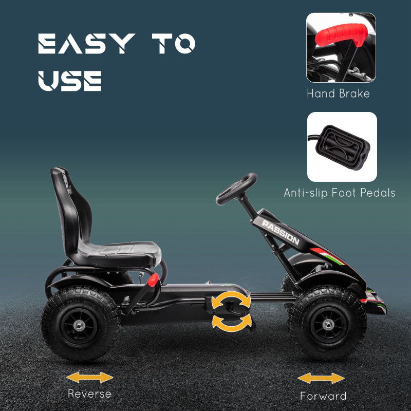 Pedal Go Kart for Kids, Pedal Car with Adjustable Bucket Seat, Handbrake, 4 Rubber Wheels, Black Powered Ride