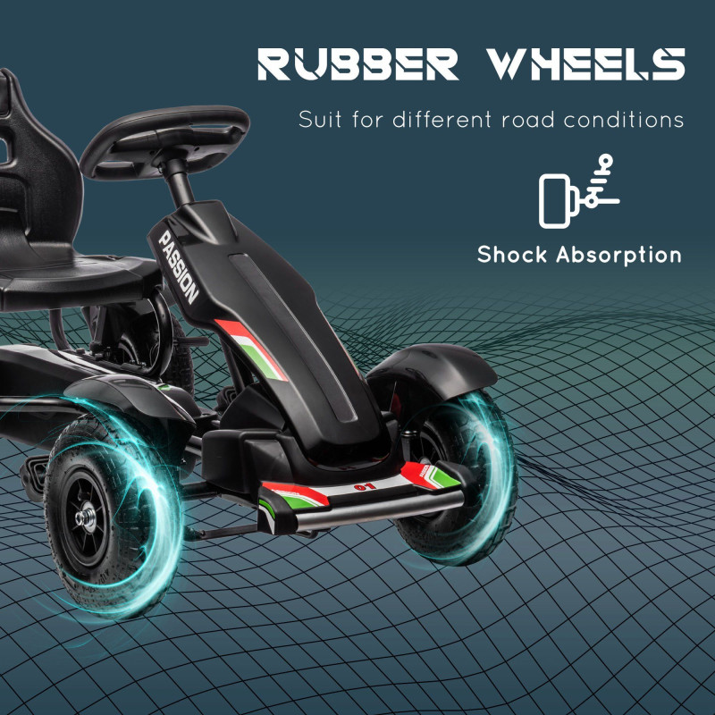 Pedal Go Kart for Kids, Pedal Car with Adjustable Bucket Seat, Handbrake, 4 Rubber Wheels, Black Powered Ride
