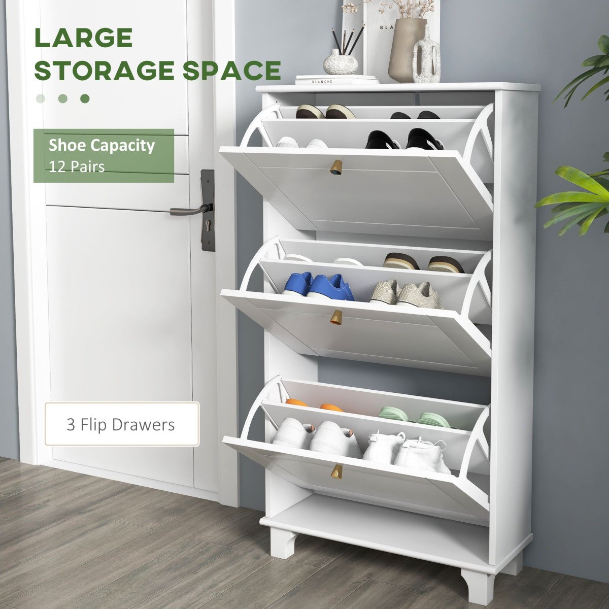 Narrow Shoe Storage with 3 Flip Drawers and Adjustable Shelves, Shoe Cabinet Organizer for 12 Pairs of Shoes, White
