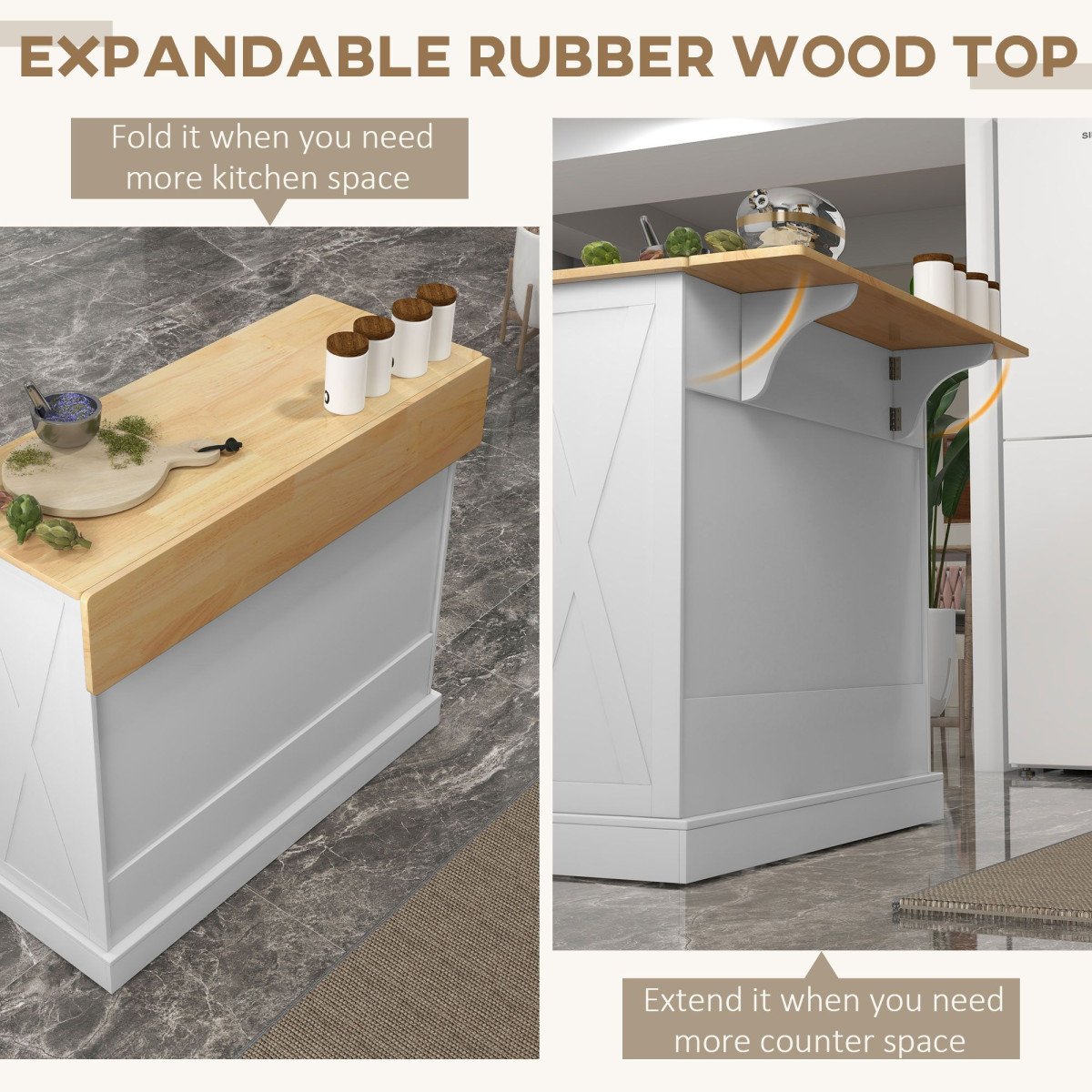 Rolling Kitchen Island with Drop Leaf Wood Breakfast Bar, Farmhouse Kitchen Cart with 2 Drawers, Adjustable Shelves for Dining Room (White)
