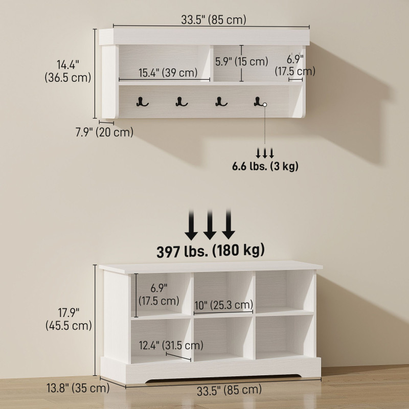 Coat Rack Shoe Bench Set, Entryway Shoe Bench with 8 Storage Cubbies, 4 Hooks for Hallway, Living Room, White
