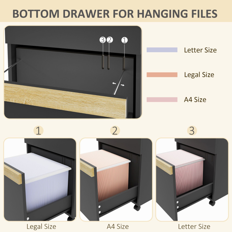 Mobile Filing Cabinet with 2 Drawers, Office Storage Cabinet with 5 Wheels, Black Wood Grain