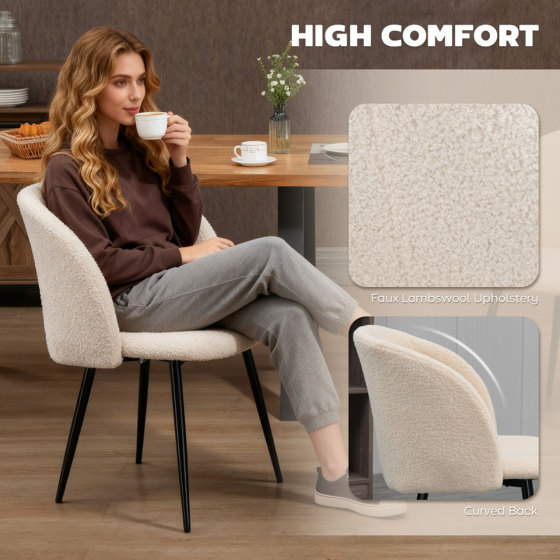 Dining Chairs Set of 2, Sherpa Fleece Upholstered Kitchen Chairs with Backrest and Steel Legs, Cream White