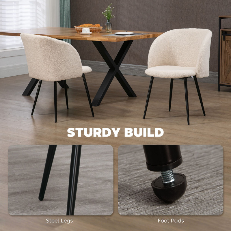 Dining Chairs Set of 2, Sherpa Fleece Upholstered Kitchen Chairs with Backrest and Steel Legs, Cream White