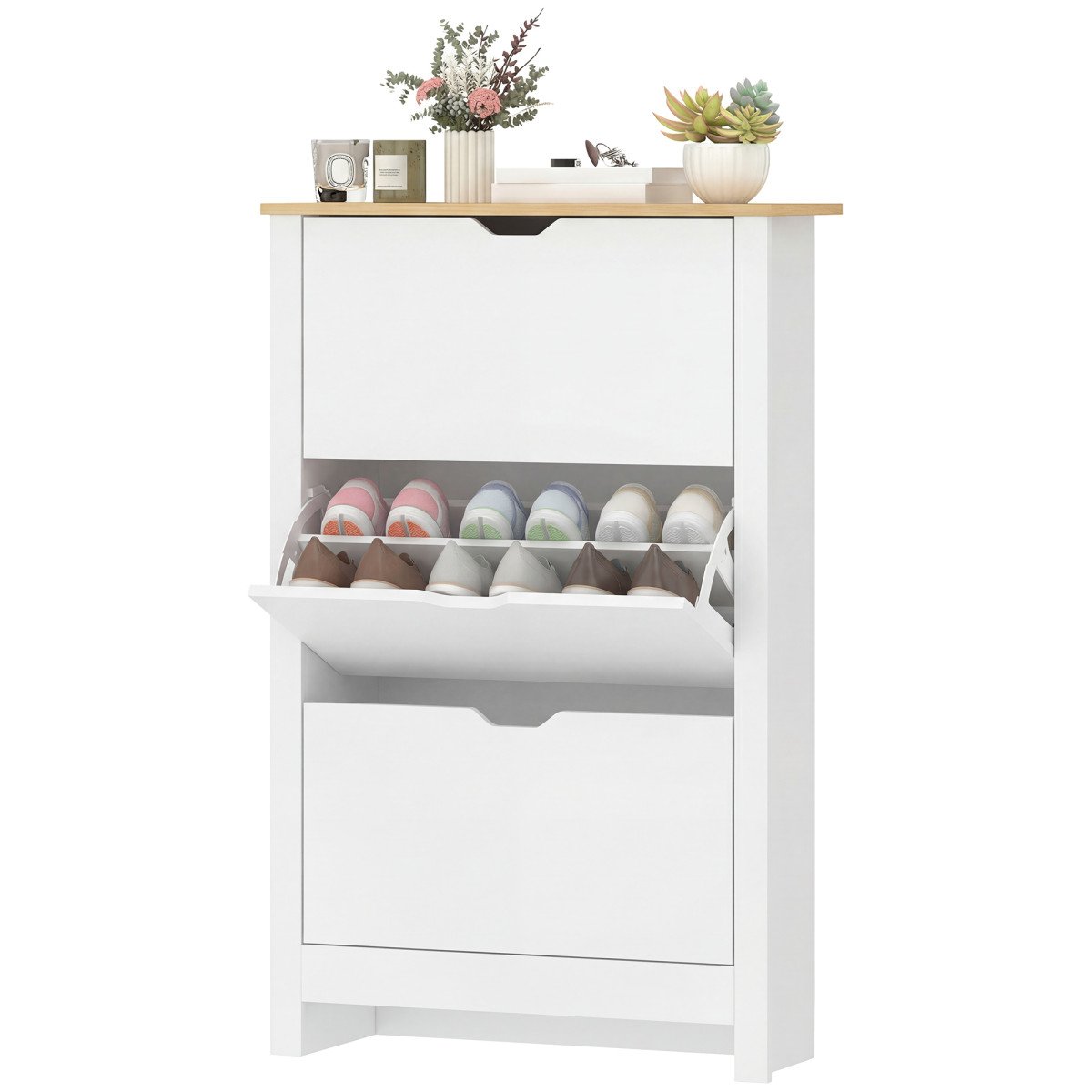 Shoe Storage Cabinet with 3 Flip Drawers and Adjustable Shelves for 9-18 Pairs of Shoes, White