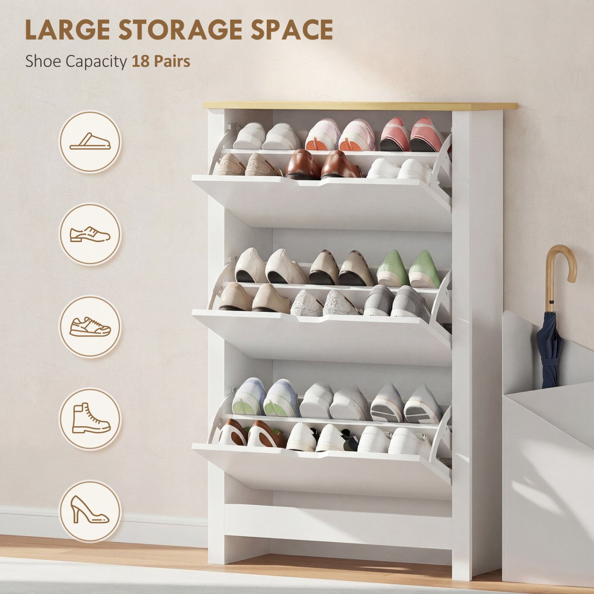 Shoe Storage Cabinet with 3 Flip Drawers and Adjustable Shelves for 9-18 Pairs of Shoes, White