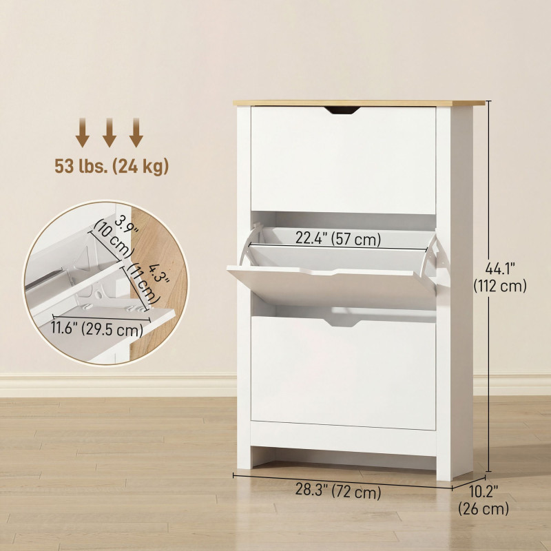 Shoe Storage Cabinet with 3 Flip Drawers and Adjustable Shelves for 9-18 Pairs of Shoes, White