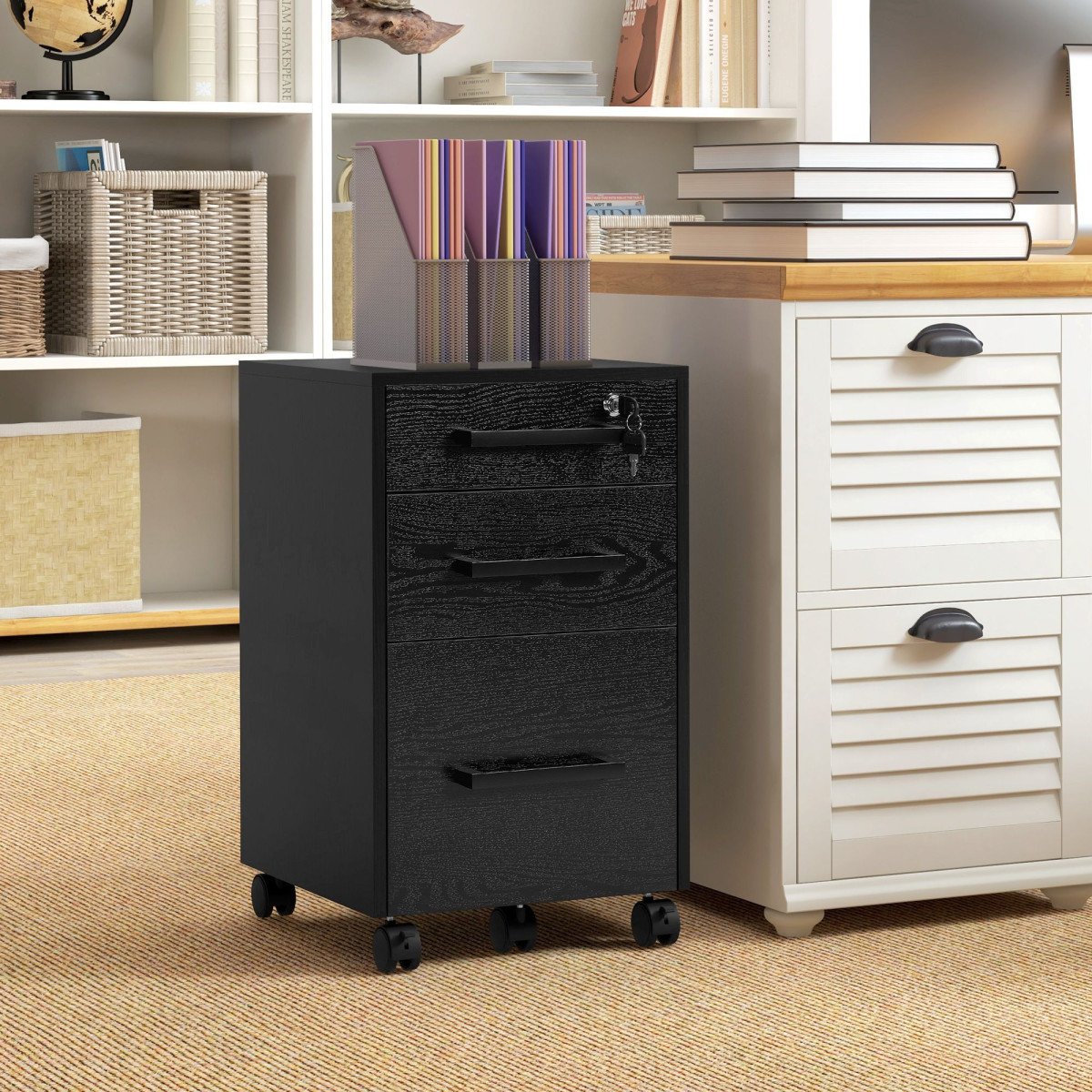 Lockable Vertical File Cabinet with Lock, 3 Drawer Filing Cabinet with Hanging Bars for Letter and A4 Size, Black