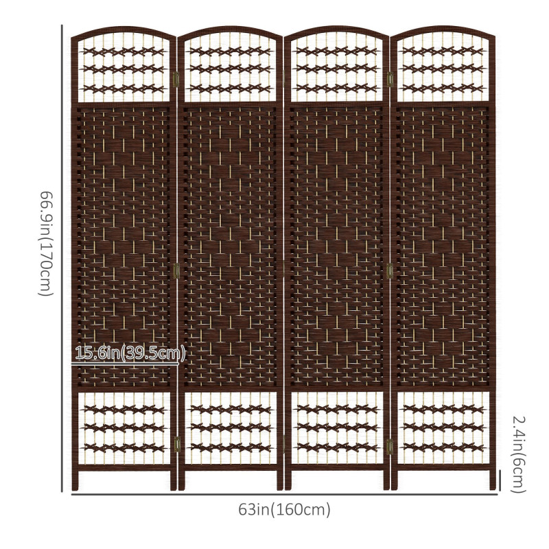 4 Panel Folding Room Divider, Portable Privacy Screen, Wave Fiber Room Partition for Home Office, Brown