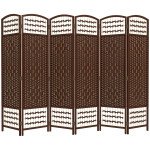 6 Panel Folding Room Divider, Portable Privacy Screen, Wave Fiber Room Partition for Home Office, Brown