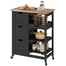 Kitchen Cart on Wheels, Rolling Kitchen Island Cart with Wood Top, 3 Drawers and Shelves for Home Dining Area, Black