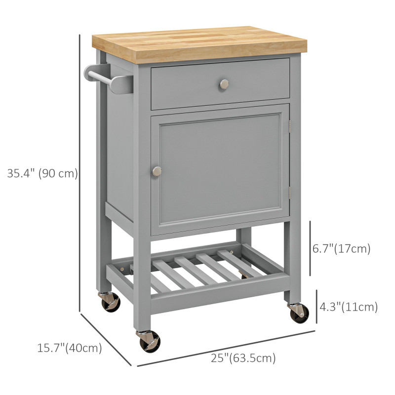 Kitchen Cart on Wheels, Rolling Kitchen Island Cart with Wood Top, Towel Rack, Drawer and Shelf for Dining Area, Grey