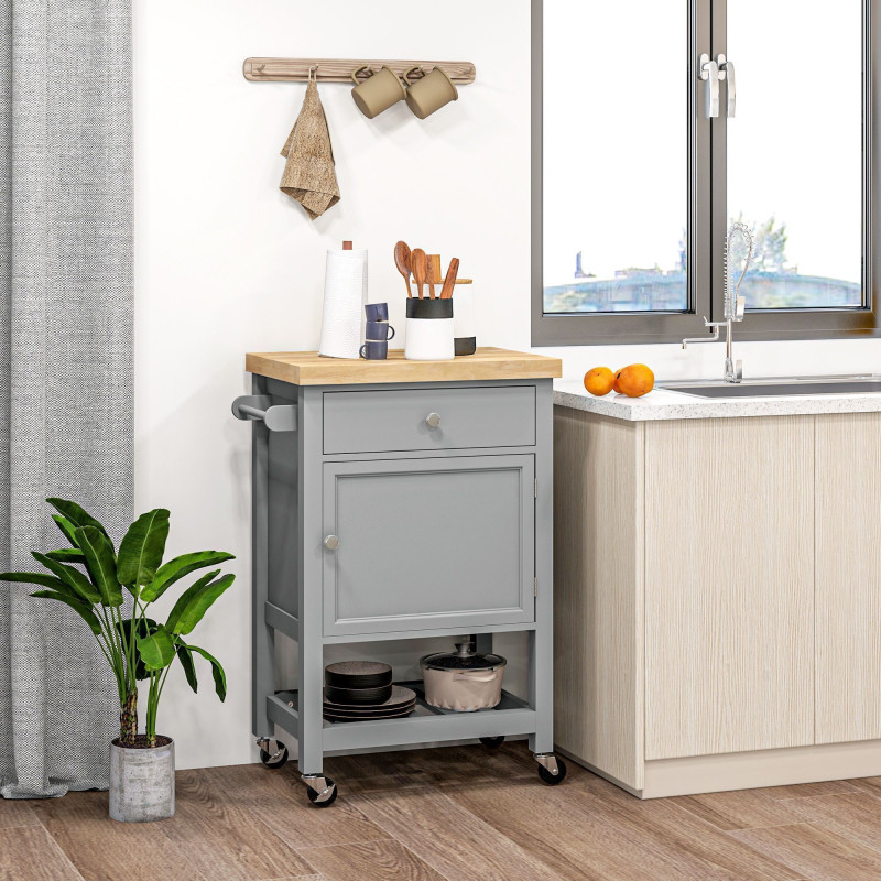 Kitchen Cart on Wheels, Rolling Kitchen Island Cart with Wood Top, Towel Rack, Drawer and Shelf for Dining Area, Grey